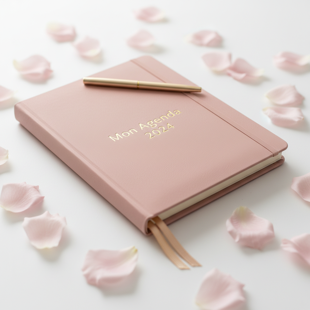 Agenda rose poudré avec pétales de fleurs